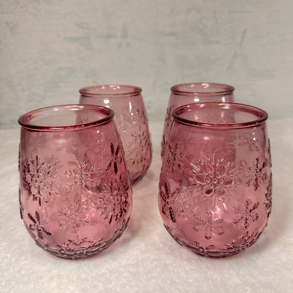 4 San Miguel Purple Amethyst Drinking Glasses 100% Recycled Glass Snow Flakes
